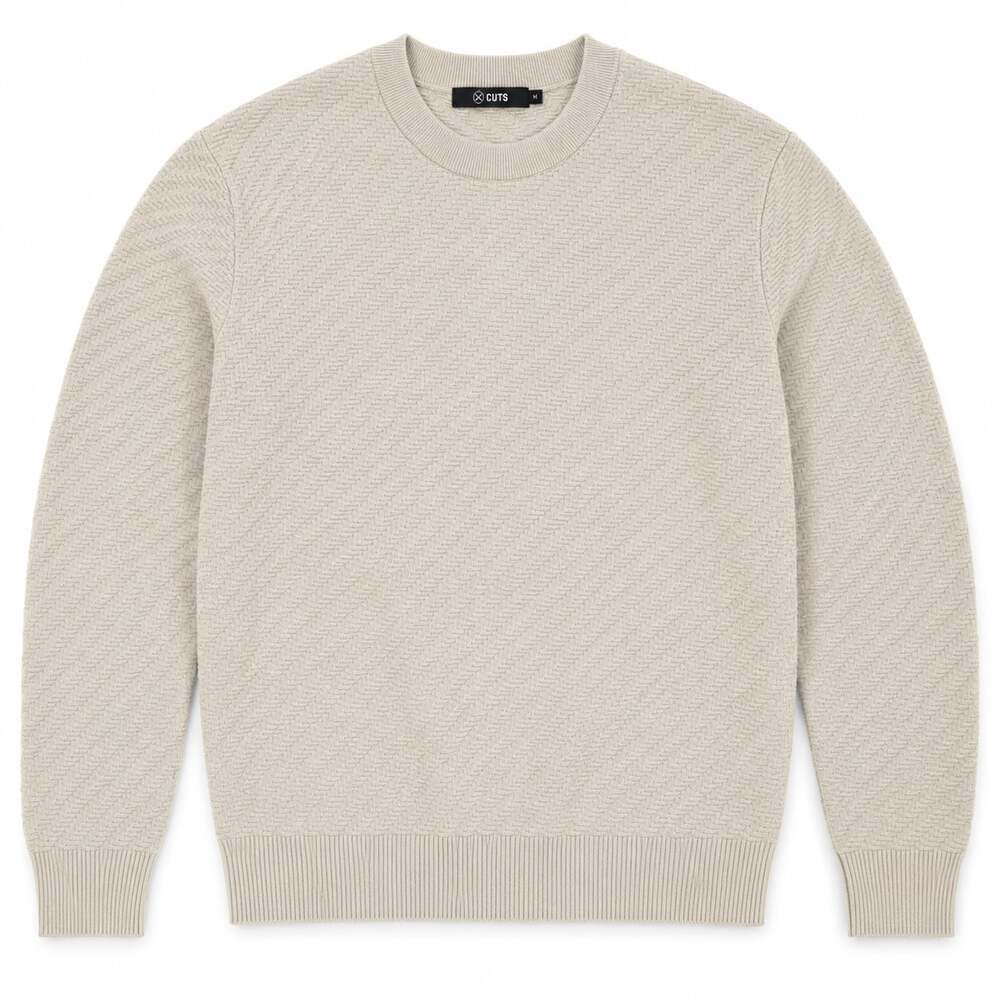 Cuts Men's Textured Crewneck Long Sleeve Cream Sweater